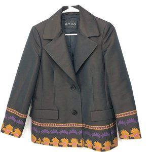 Etro Made in Italy Women's Blazer 2 Button Black Hem Print Pattern Size 42 US 8